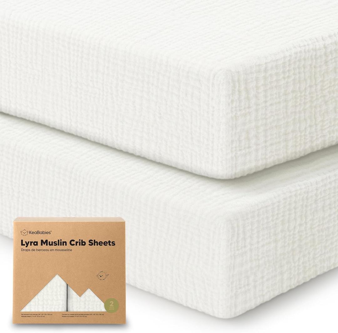 KeaBabies 2-Pack Muslin Crib Sheets for Boys, Girls - 100% Organic Cotton Fitted Baby Crib Mattress Sheet, Soft Breathable Standard Toddler Bed Cover Bedding Set, Neutral, Durable 52x28 (Soft White)