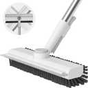 Floor Scrub Brush with Long Handle, 3 in 1 Scrape and Heavy-Duty Stiff Bristle Scrubber Brush for Cleaning Shower Bathroom, Patio, Pool, Garage, Kitchen, Wall and Deck (White, 1 Pack)