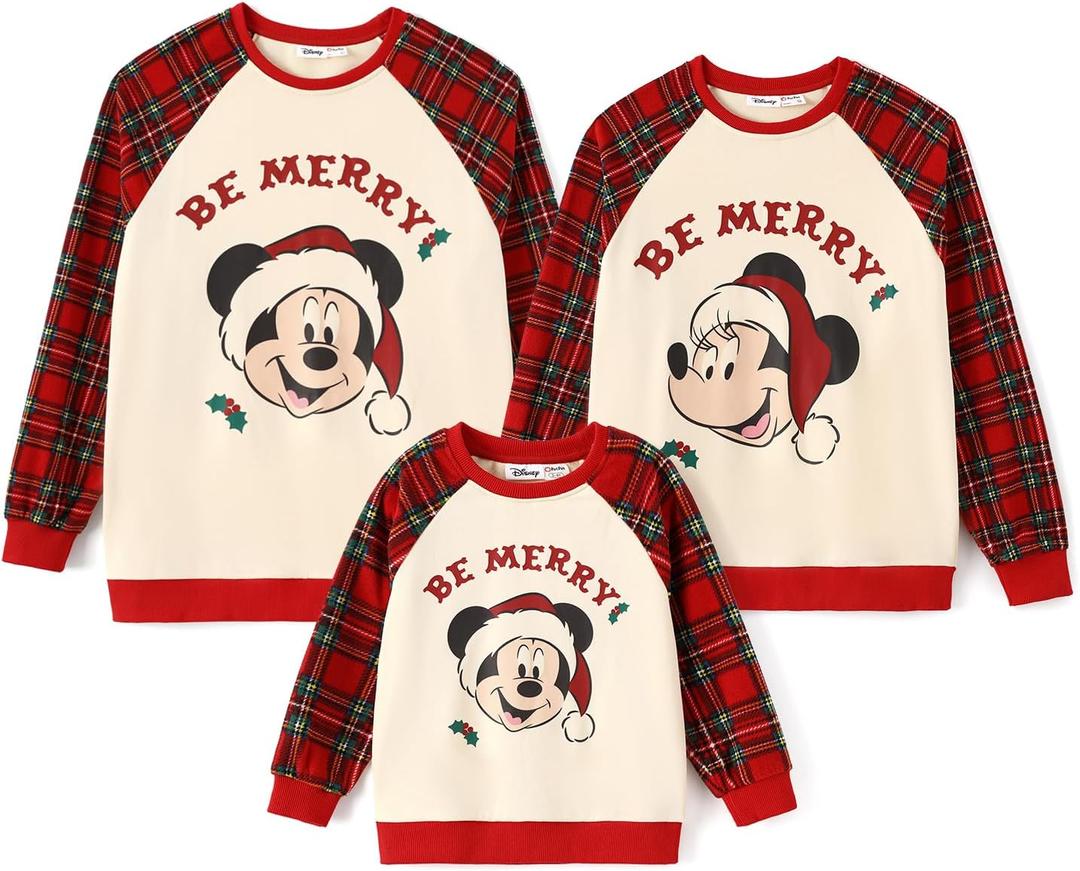 Disney family matching sweatshirt Stitch Mickey Spiderman print long sleeve winter Christmas mom dad kids loose fit red (6-7 Years, Off-white)