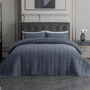 3 Pieces Cotton Quilt Set Oversized King Comforter with Pillow Shams 120x128 Ultra Soft Lightweight Bedspread Waffle Weave Quilted Bed Coverlets for All Season, Grey Blue