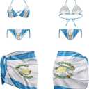 Women's 3 Piece Swimsuits Sexy Halter Triangle Side Tie Thong Bikini Set with Sarong Cover Ups (Blue, L)