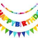 3 Pcs Pre-Strung Happy Birthday Banner, Felt Ball Garland, Pennant Triangle Flags, Rainbow Party Decorations, HAPPY BIRTHDAY Garland, Personalized Holiday Sign for Birthday Decor, Party Supplies, Photo Prop ( Felt Banner + Pennant Flags + Rainbow Balls)