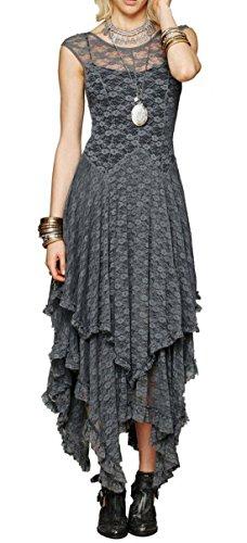 R.Vivimos Womens Sleeveless Backless Asymmetrical Layered Lace Long Dress with Slip Two Pieces (Large, Grey)