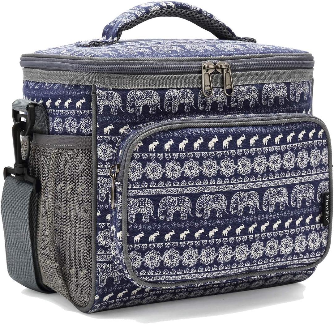 FlowFly Insulated Reusable Lunch Bag Adult Large Lunch Box for Women and Men with Adjustable Shoulder Strap,Front Zipper Pocket and Dual Large Mesh Side Pockets,Elephant