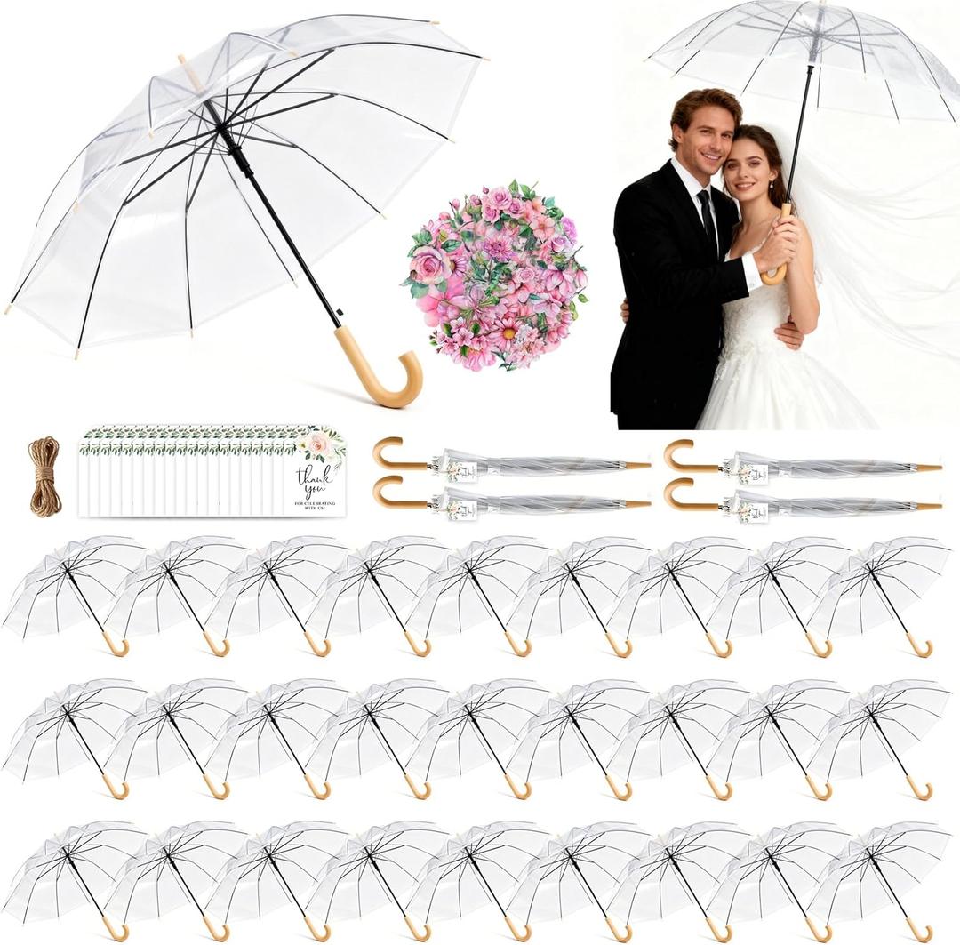 52 & 32 Pack Clear Wedding Umbrellas, Windproof Bulk Umbrellas with Thank You Tags, Large POE Dome, Auto Open-Close, Guest Favors for Weddings, Parties, Photography, Outdoor Events (Wood-Look, White) Size: 36" - 52 Pack