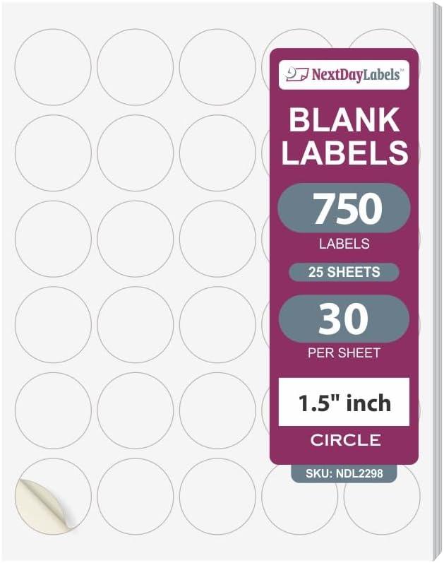 NextDayLabels 1.5 Inch Round Circle Stickers White Blank Labels for Laser Inkjet Printer - 30 Per Sheet Self-Adhesive Jar Candle Product Made in USA - 750 Labels