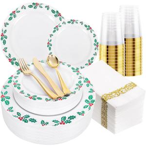 FLOWERCAT 175 PCS Christmas Plates set & Holly Berry Plates - Christmas plates disposable Include 50 Christmas Plastic Plates,25 forks, 25 knives, 25 spoons, 25 napkins Ideal for Xmas Party