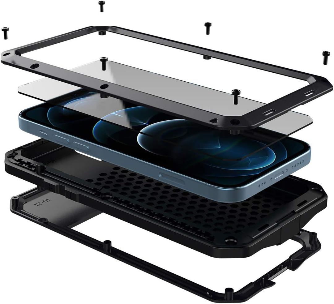 Marrkey for iPhone 12 Case,Full Body Protective Cover Heavy Duty Shockproof Tough Armour Aluminum Alloy Metal Case with Silicone Built-in Screen Protector for Apple iPhone 12 Pro 6.1 Inch - Black