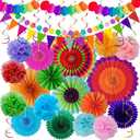 Huryfox Fiesta Party Decorations - 33pcs Colorful Mexican Themed Hanging Paper Fans, Rainbow Pom Poms, Fiesta Bunting and Tissue Paper Streamers for Birthday, Festival, and Rainbow Parties (Multicolor)