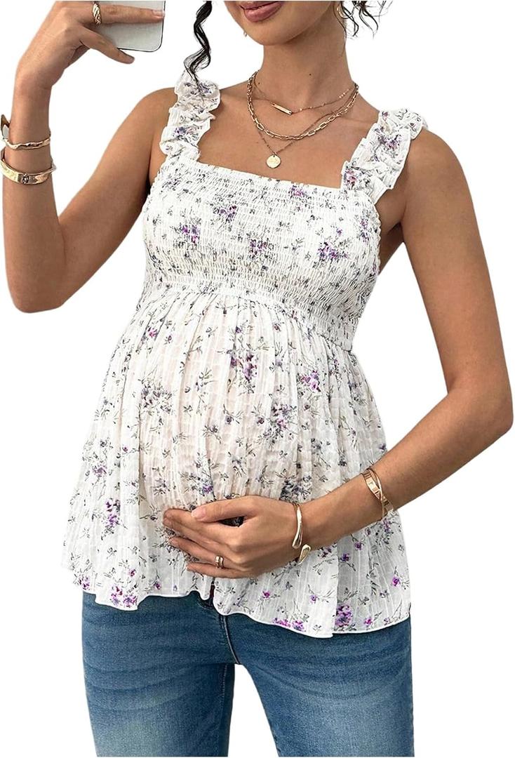SweatyRocks Women's Maternity Tank Tops Floral Babydoll Top Square Neck Smocked Peplum Blouse Shirts, XL