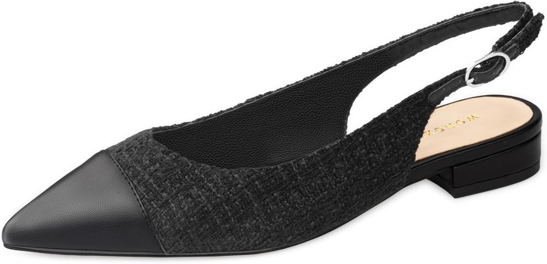 WONDERWAY Women Slingback Flats Tweed Pointed Toe Slingback Flats Cap Toe Dress Shoes for Women (6, Black)