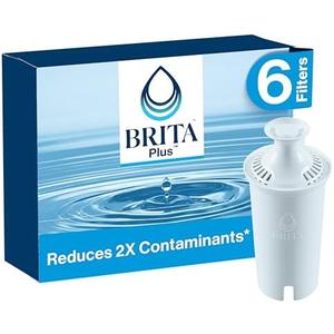 Brita Plus Water Filter, BPA-Free, High-Density Replacement Filter for Pitchers and Dispensers, Reduces 2x Contaminants*, Lasts Two Months or 40 Gallons, Includes 6 Filters