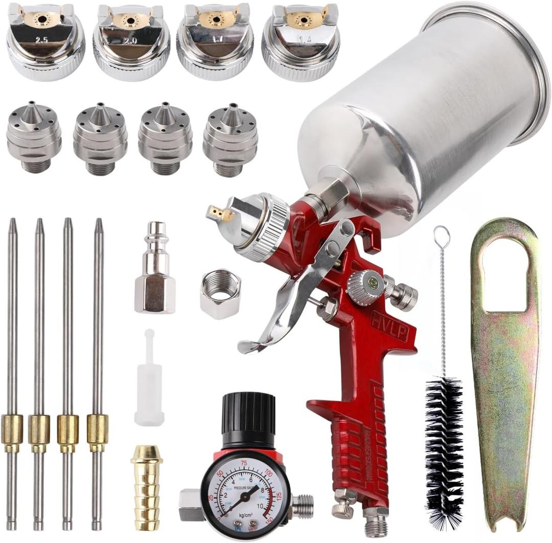 HVLP Gravity Feed Spray Gun, Automotive Air Paint Spray Gun Kit, Suitable for Auto Paint, Base Coat & Touch Up (RED 4 Nozzle) (red)