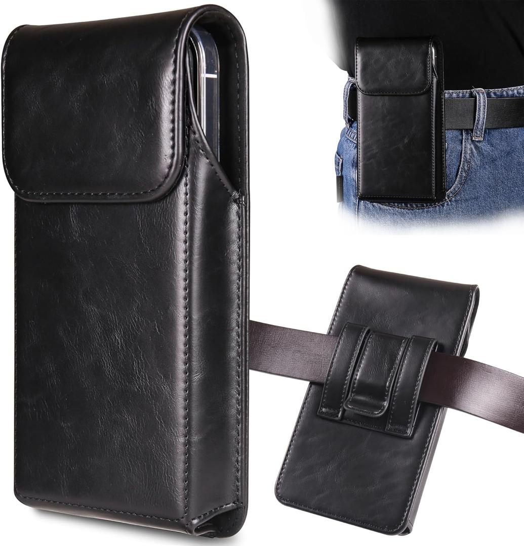 Holster for iPhone 16, 16 Pro, iPhone 15, 15 Pro, 14, 14 Pro, 13, 13 Pro, 12, 12 Pro, 11, Galaxy S25, S24, S23, Premium Leather Pouch with Belt Clip Phone Holster Belt Case, Black - M (Medium)
