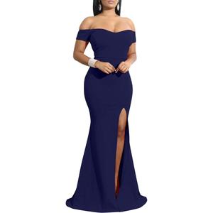 YMDUCH Women's Off Shoulder High Split Long Formal Party Dress Evening Gown (Small, Navy)