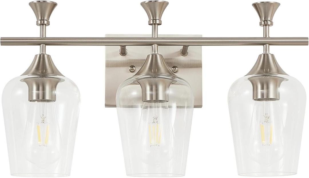 Bathroom Light Fixtures (3-Light, 19 Inch), Brushed Nickel Vanity Lights for Bathroom with Clear Wine Glass Glass Shade, Modern Vanity Wall Lights for Mirror Bedroom Living Room Kitchen Hallway Porch
