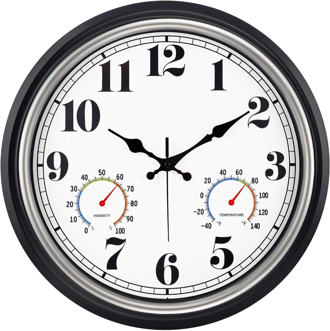 45MinST 16 Inch Silver Vintage Large Indoor/Outdoor Waterproof Wall Clock with Thermometer & Hygrometer, Silent Non-Ticking Quartz Timepiece for Home, Porch, Garden