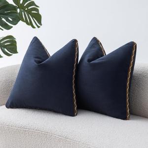 Decorative Neutral Linen Throw Pillow Covers 18x18 Inch Set of 2, Navy Blue Boho Farmhouse Pillow Covers with Braid Fringe for Sofa Bed Modern Couch Pillow Cases for Organic Home Decor
