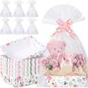 ForraFun 12 Pcs Pink Roses Baskets for Gifts Empty with Plastic Bag Ribbon Bow 8x10'' Cardboard Gift Wrapping Basket with Handle to Fill for Spring Mother's Day Wedding Bridal Birthday Party Supplies
