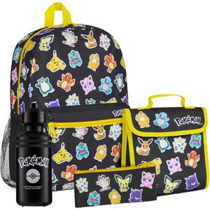 Pokemon Backpack Set 4 Pcs for Kids with Backpack Water Bottle Pencil Case Lunch Bag or Wallet Anime School Supplies Gifts (Black/Multi)