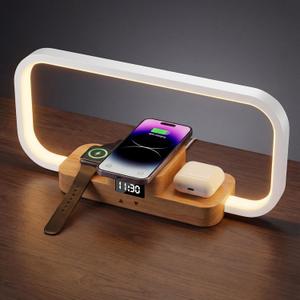 LED Bedside Lamp with Wireless Charger, 3-in-1 Touch Control Table Lamp with Clock, Dimmable Nightstand Lamp with 5 Color Modes, Modern Bedroom Desk Lamp, Gift for Women & Men,Wooden,Adapter Included (Large)