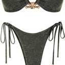 ZAFUL Metal Ring Bandeau Bikini Set Tie Side Bathing Suit High Cut 2 Piece Swimsuit Cutout Swimwear (Small, Metallic Shiny Black)