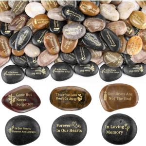 Yuntau 60 Pcs Memorial Stone 1.97 Inch Celebration of Life Favor Inspirational River Rock Engraved in Loving Memory Funeral Favor Decoration for Memorial Day Gift (Deep Color,Classic Style)