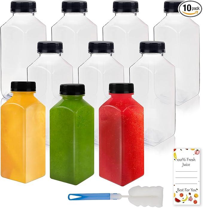 Lissomballon 10 Pcs 12oz Plastic Juice Bottles With Caps, Reusable Food Grade Chear Juice Containers for Juicing, Smoothies, Coffee, and Other Beverages