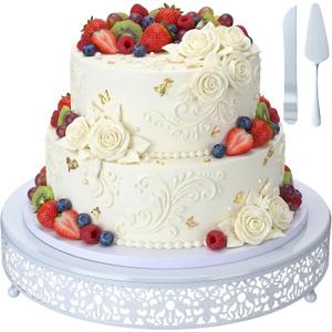 Wenqik 14 Inch White Cake Stand Set Metal Round Cupcake Dessert Stand with Cake Cutting, Spatula Wedding Cupcake Pastry Display Candy Holder Display for Wedding Party Birthday Baby Shower(Classic)