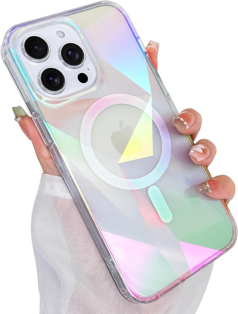Cute Case for iPhone 13 Pro Max Case for Women Girls [ Compatible with Magsafe ] Clear Glitter Girly Aesthetic Rainbow Sparkly Bling Magnetic Phone Cover, Iridescent Geometry