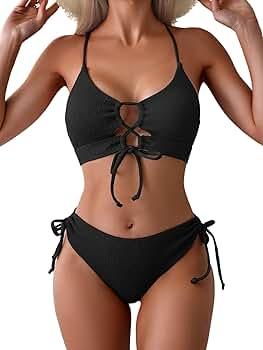 B2prity Women's Sexy Bikini Set Color Block Lace Up 2 Piece Bathing Suit Tie Side Swimsuit, Size Medium