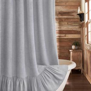 Farmhouse Shower Curtain with Ruffle Hem Linen Flax Grey Shower Curtains for Bathroom Country Vintage Rustic Natural Fabric, 72" W x 72" L