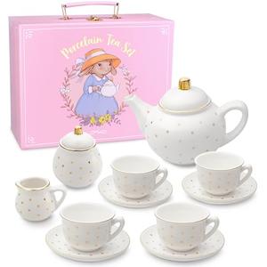 Porcelain Tea Set for Girls - White with Gold Polka Dots Tea Party Set for Kids I Complete Children Tea Sets with Carry Case, Teapot, Cups and More, Birthday Gift for Little Girls & Toddlers