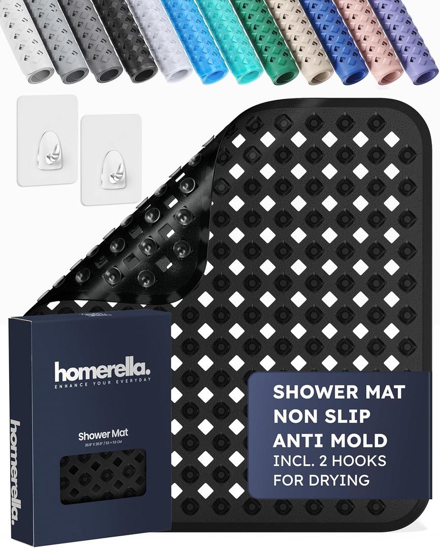 homerella Shower Mat Non Slip Anti Mold, Non Slip Shower Mats for Inside Shower Stall Anti Slip Mat, Square Shower Floor Mat 21 x 21 in with Suction Cups & Hooks for Quick Drying, Machine Washable (Black)