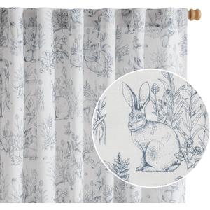 jinchan Linen Nursery Curtains 63 inch Long Woodland Wildlife Blue Print Drapes for Kid's Room Light Filtering French Country Farmhouse Curtains with Bunny and Forest Design Set of 2 Panels (50"W x 84"L (Pack of 2), Woodland Blue)