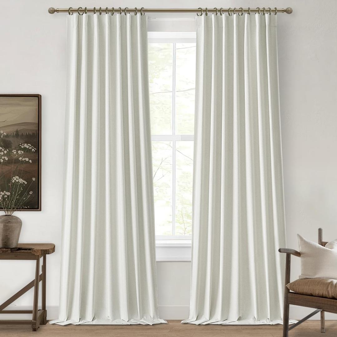 Beige White 100 Inch Bedroom Curtains Blackout, Country Cottage Core Thick Linen Pleat Window Drapes for Nursery Kids Room Thermal Room Darkening Winter Curtains to Keep Cold Out 40"Wx100"L 2 Panels