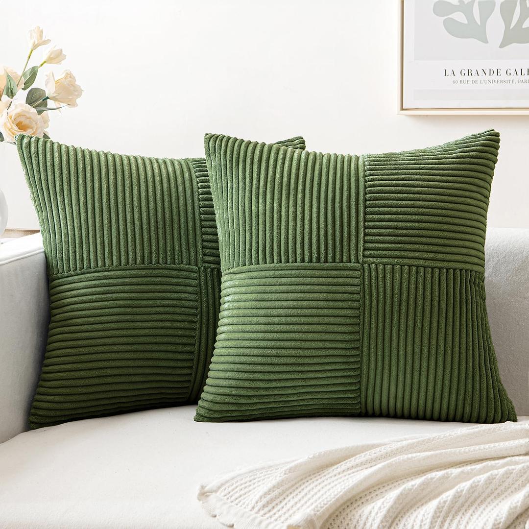 MIULEE  Green Corduroy Pillow Covers Pack of 2 Boho Decorative Spliced Throw Pillow Covers Soft Solid Couch Pillowcases Cross Patchwork Textured Cushion Covers for Living Room Bed Sofa 16x16 inch