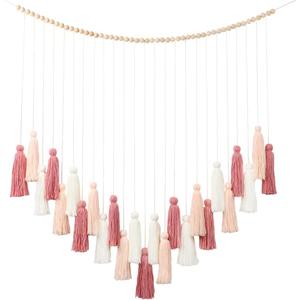 DrCor Handmade Boho Macrame Wall Hanging - Blush Pink Tassels with Rose Gold Accents for Nursery, Classroom, Wedding, Living Room, Baby Shower, Back to School Decor