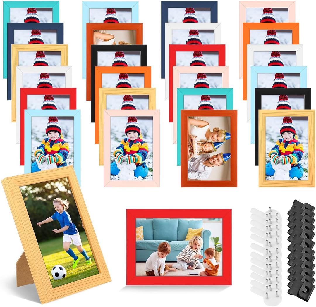 Roowest Set of 24 Picture Frame Bulk with Acrylic Sheet 4 x 6 Inch Photo Collage Frames with Invisible Nail and S Hooks for Wall Table Top Display(Soft Color)