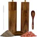 Wooden Salt And Pepper Grinder Set - 8 Acacia Mills, Adjustable Ceramic Core, Refillable Wood Salt and Pepper Shakers With Tray, Spoon & Brush