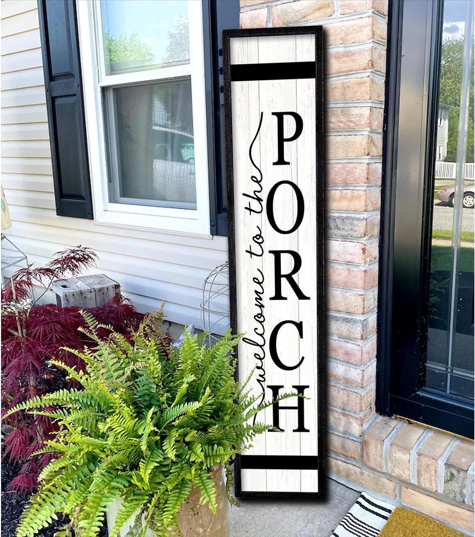 Welcome To The Porch Sign For Front Porch Standing 45"X9" Wood Frame Large Rustic Farmhouse Outdoor Tall Board Welcome Sign Modern Home Outside Front Door Vertical Wall Decor (Black)