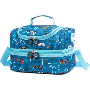 Insulated Kids Dual Compartment Lunch Bags Tote Pack for Girls Boys Toddler Kindergarten School Picnic Food Cooler Boxes with Shoulder Strap (Blue Car)