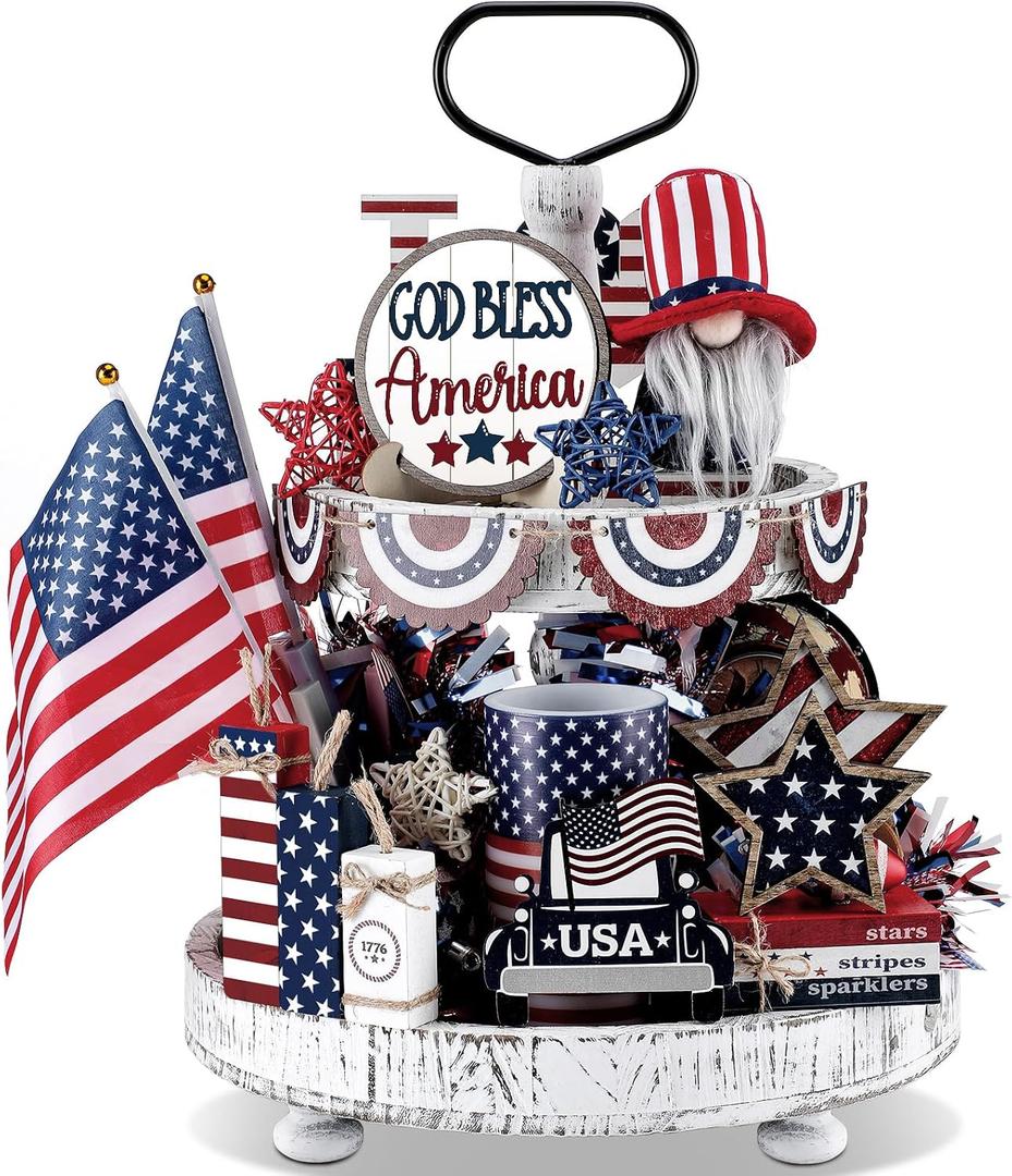 16 Pcs 4th of July Tiered Tray Decoration Rustic Patriotic Red White Blue Table Signs 250th Independence Day Wooden Tiered Tray Decor American Flag Vintage Gnome Centerpiece for Home Party Kitchen