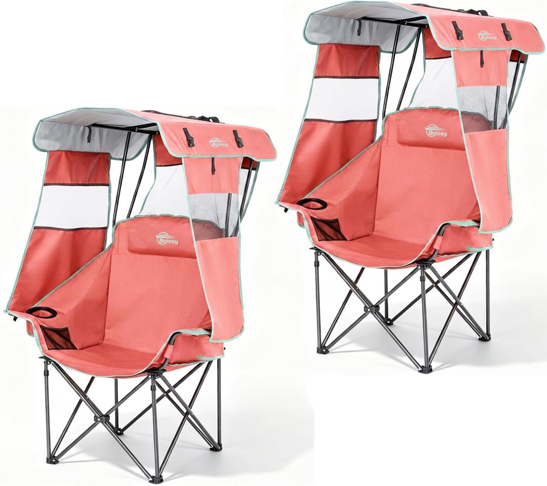 Camping Chair with Canopy Shade Beach Chair with UPF 50+ Sun Shade, Cup Holder, Side Pocket, Portable Folding Chair for Adults Fishing Camp Outdoor Sport Lawn Chair Support 400 LBS, Pink