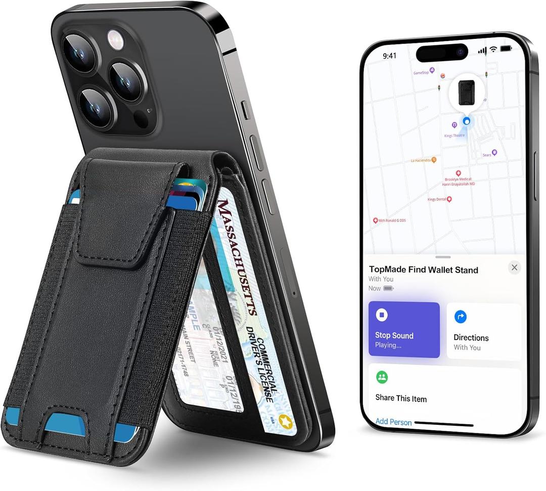 TopMade for Magsafe Wallet, Works with Apple Find My, Strongest Magnetic Wallet for iPhone 17/16/15/14/13/12 Series, Magnetic Card Holder with Adjustable Stand, RFID Blocking, 9 Cards Holder, Black
