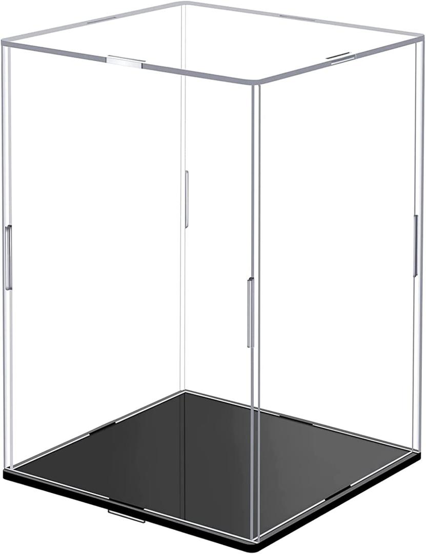 Clear Acrylic Display Case,Self-Assembly Display Box with Black Acrylic Base,Countertop Box Cube Organizer Stand Riser Dustproof Protection Showcase for Figures Toys Collectibles(9.8x9.8x15.7 inch)