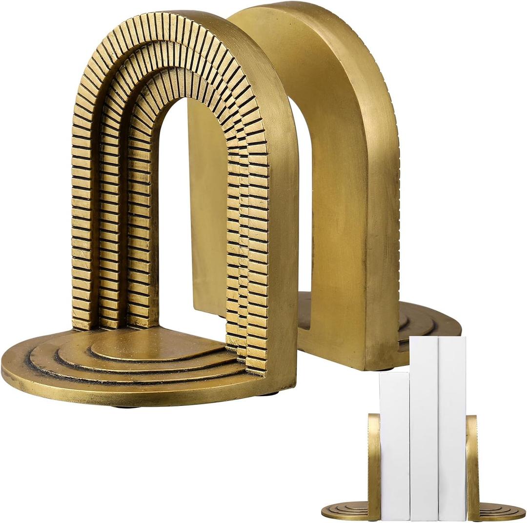 Kathfly Vintage Gold Brick Arch Bookends Resin Book Ends for Shelves Heavy Duty Decorative Bookends, Cute Book Stopper Holder Decor for Desk Home Office, Shelf Decoration