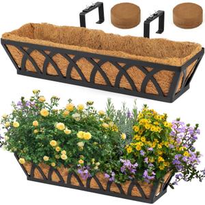 Window Box Railing, 24 Inch Black Metal Hanging Flower Planter Basket with Coco Liner for Outdoor Balcony Porch Fence Patio for Home, Office and Hotel (Black - 2 Pcs/Set)