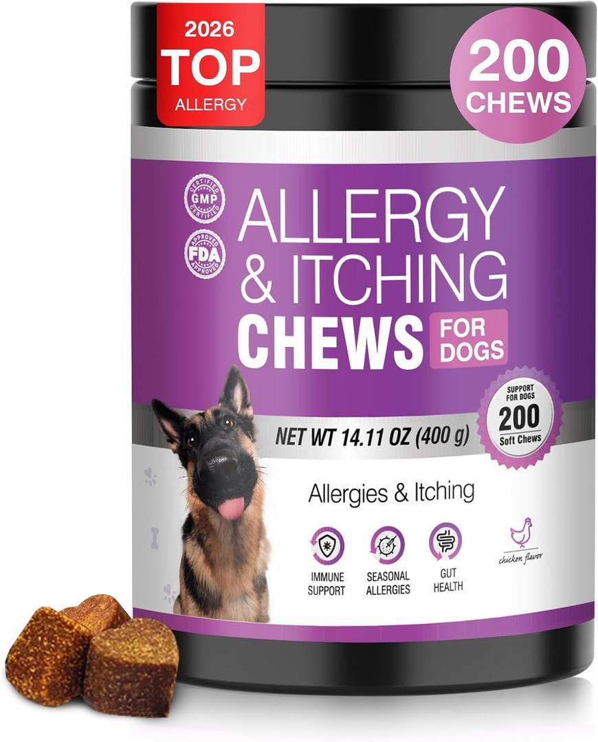 Dog Allergy Chews 200ct - Dog Allergy and Itching Skin Relief Anti Itch Aller Immune Bites for Dogs licking Paws Treatment Relief Itchy Chew Probiotics Vitamins for Skin and Coat Allergies - Chicken, BB Date: 11/19/2027