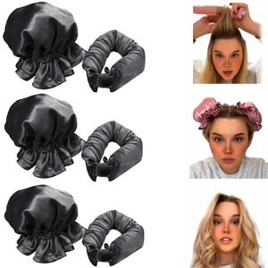 New Satin Hair Curling Set for Heatless Overnight Curls - Hair Rollers with Caps for Long Hair, Sleeping Curlers for Women (3 SET, Black)